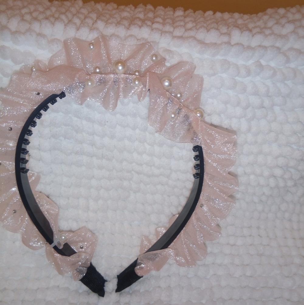 Gorgeous Pink Ruffled Tulle Headband with Faux Pearls | Bridal, Coquette, Fairyc - Picture 9 of 13